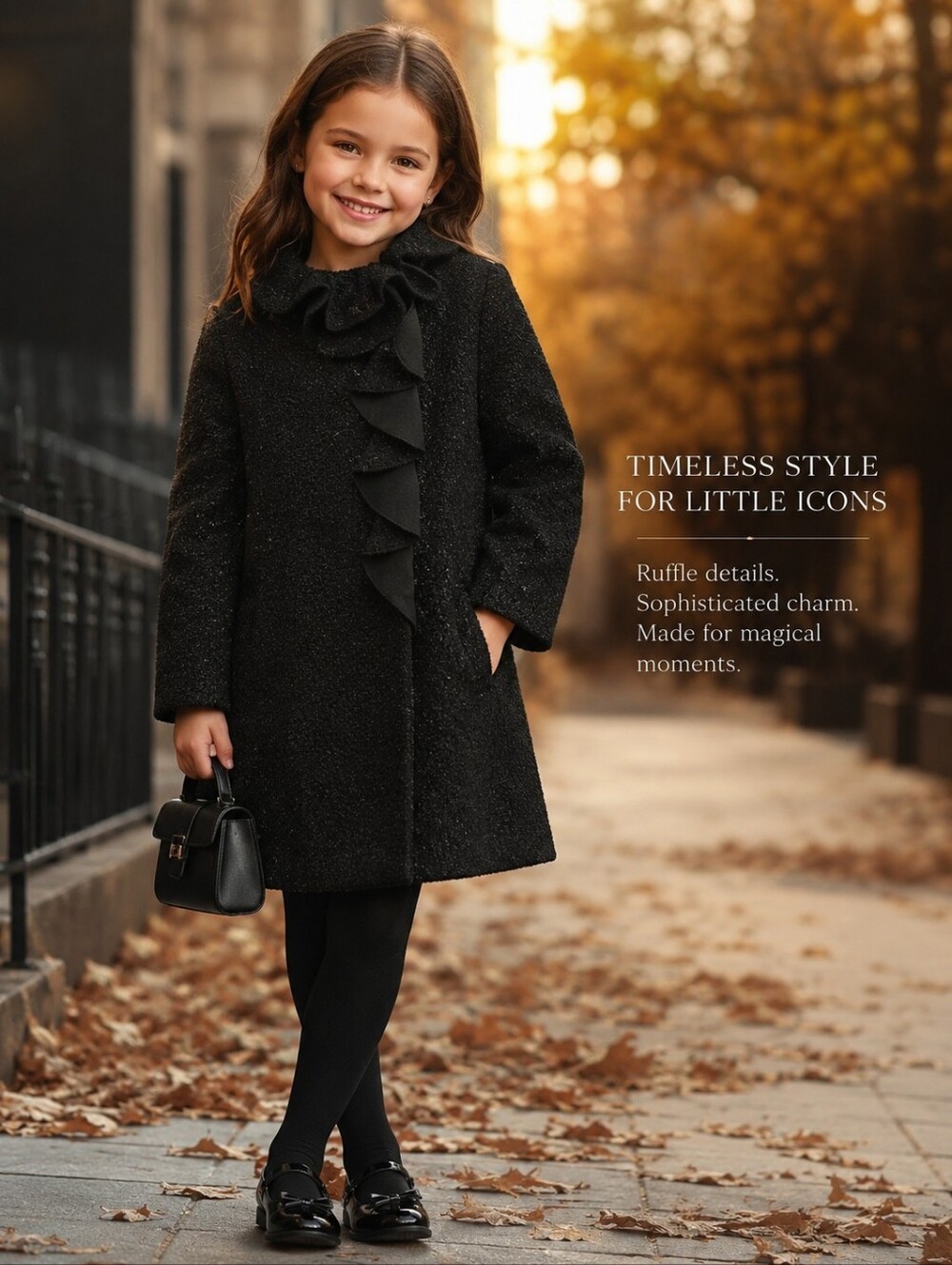 Rothschild Black Sparkle Kids Ruffle Coat